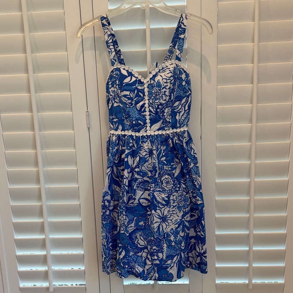 Lilly Pulitzer Haylan Cotton Dress in Blue Tang Flocking Fabulous